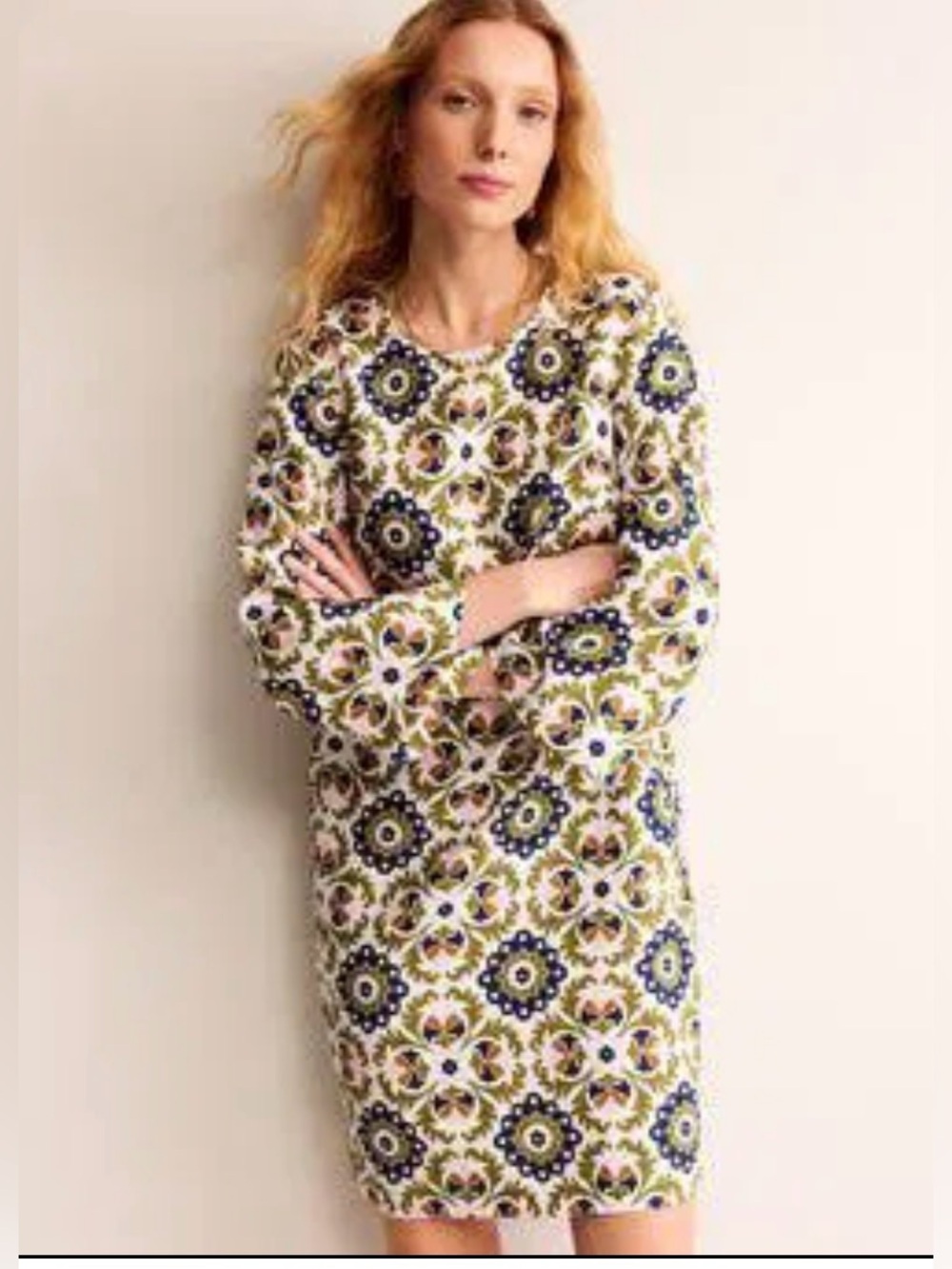 Boden Flare Linen Shift Mini Dress Mosaic Bloom Floral Green Pink US 6R preppy